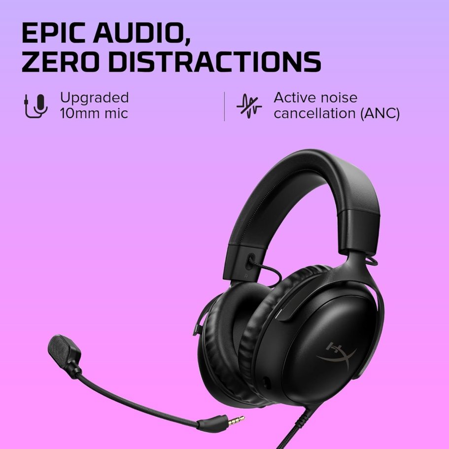 HyperX Cloud III – Wired Gaming Headset, PC, PS5, Xbox Series X|S, Angled 53mm Drivers, DTS Spatial Audio, Memory Foam, Durable Frame, Ultra-Clear 10mm Mic, USB-C, USB-A, 3.5mm – Black - Image 5