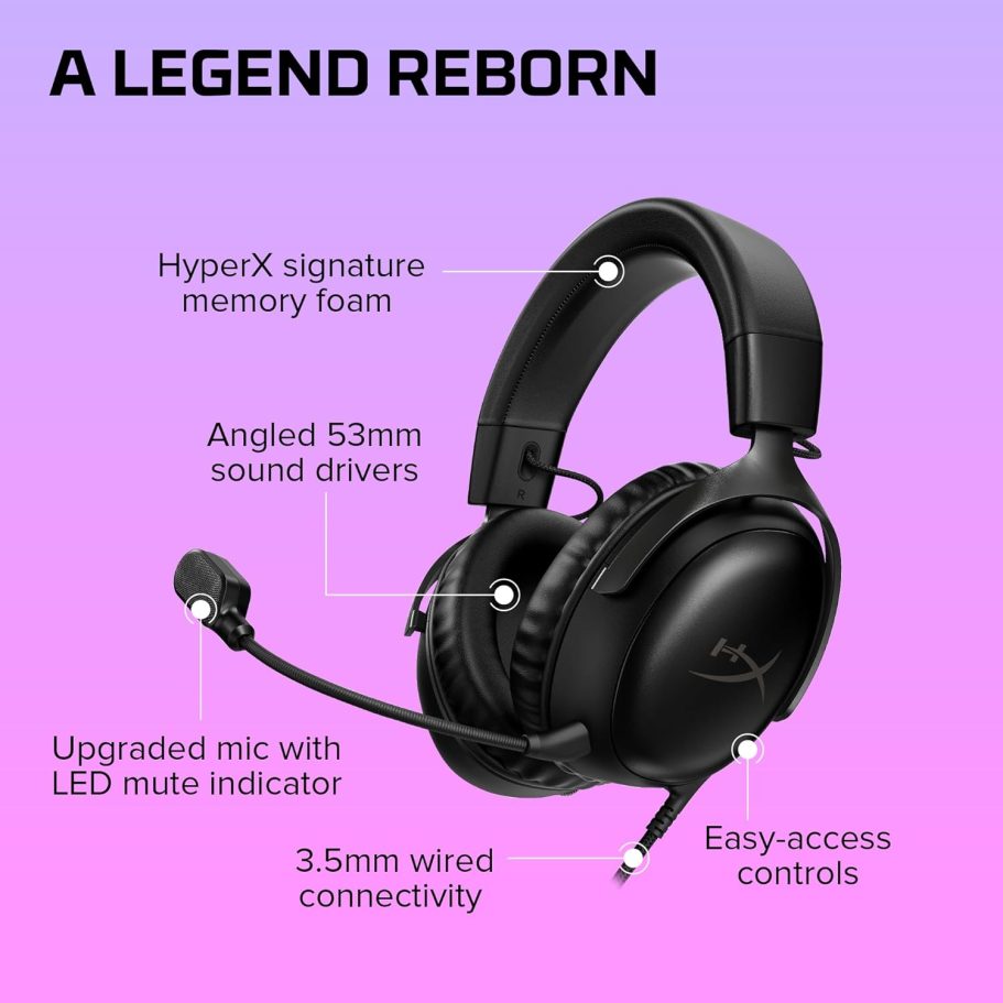 HyperX Cloud III – Wired Gaming Headset, PC, PS5, Xbox Series X|S, Angled 53mm Drivers, DTS Spatial Audio, Memory Foam, Durable Frame, Ultra-Clear 10mm Mic, USB-C, USB-A, 3.5mm – Black - Image 8