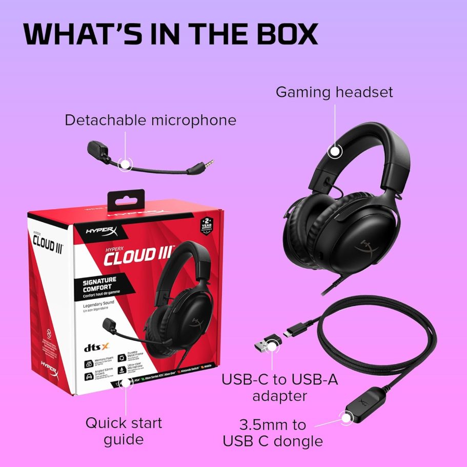 HyperX Cloud III – Wired Gaming Headset, PC, PS5, Xbox Series X|S, Angled 53mm Drivers, DTS Spatial Audio, Memory Foam, Durable Frame, Ultra-Clear 10mm Mic, USB-C, USB-A, 3.5mm – Black - Image 9