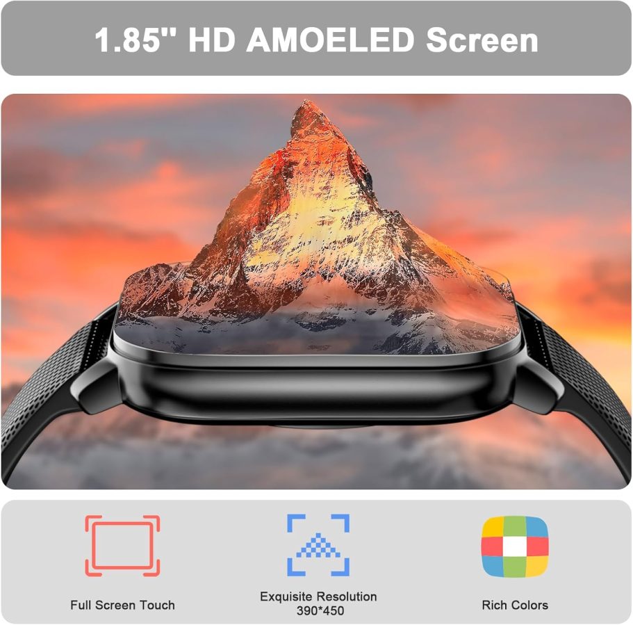 Smart Watch for Men Women(answer/make calls), 1.85'' AMOLED HD Always On Display, Smartwatch with Calories/Heart Rate/Sleep Monitor, 100+ Sports Modes Fitness Tracker, IP68 Waterproof Pedometer, Black - Image 3