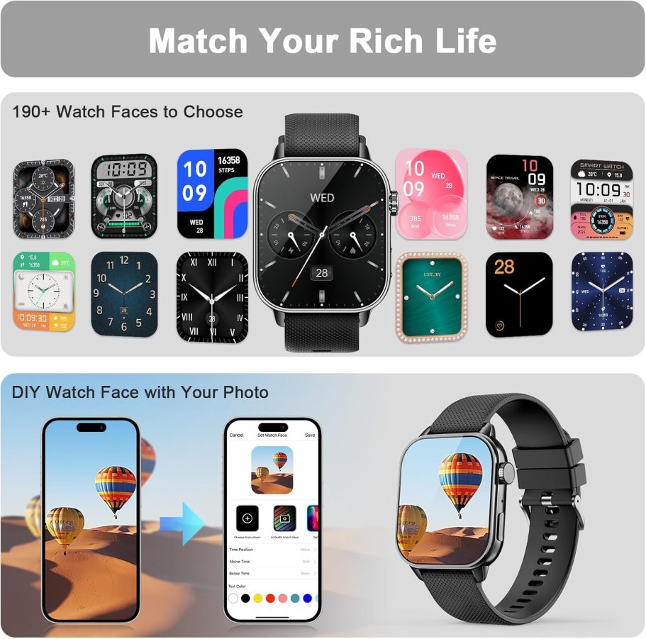 Smart Watch for Men Women(answer/make calls), 1.85'' AMOLED HD Always On Display, Smartwatch with Calories/Heart Rate/Sleep Monitor, 100+ Sports Modes Fitness Tracker, IP68 Waterproof Pedometer, Black - Image 4