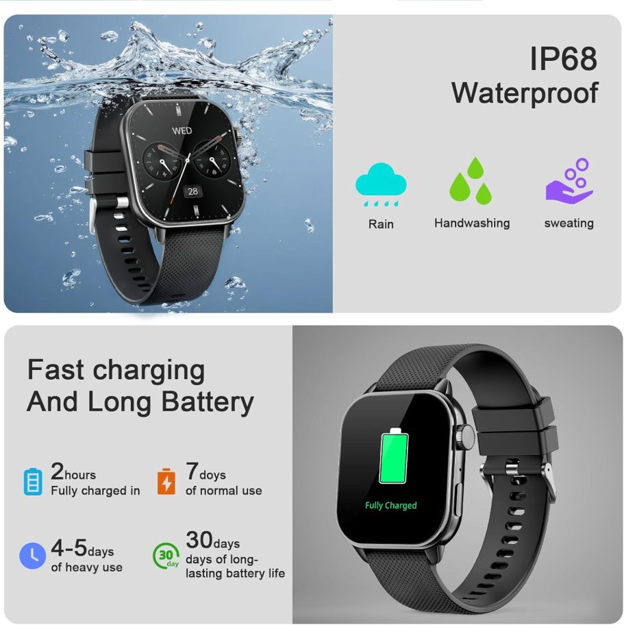 Smart Watch for Men Women(answer/make calls), 1.85'' AMOLED HD Always On Display, Smartwatch with Calories/Heart Rate/Sleep Monitor, 100+ Sports Modes Fitness Tracker, IP68 Waterproof Pedometer, Black - Image 5