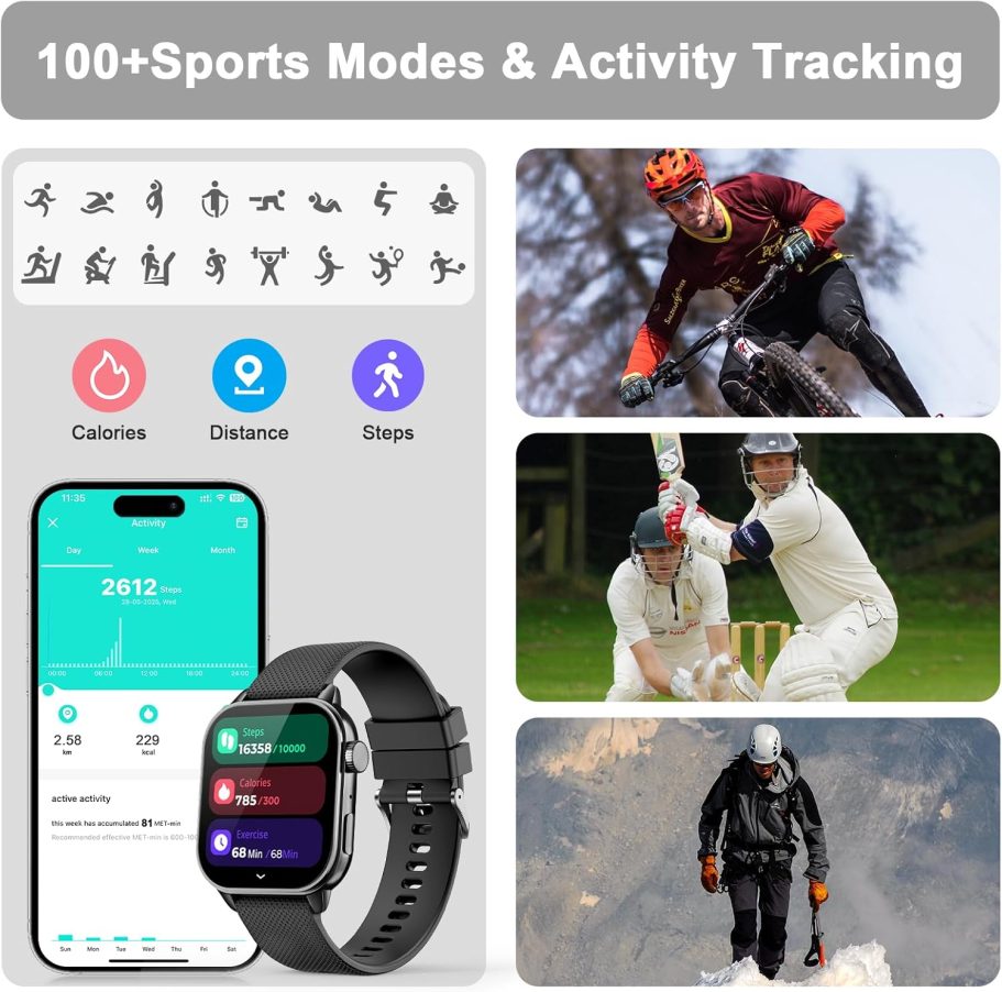 Smart Watch for Men Women(answer/make calls), 1.85'' AMOLED HD Always On Display, Smartwatch with Calories/Heart Rate/Sleep Monitor, 100+ Sports Modes Fitness Tracker, IP68 Waterproof Pedometer, Black - Image 6
