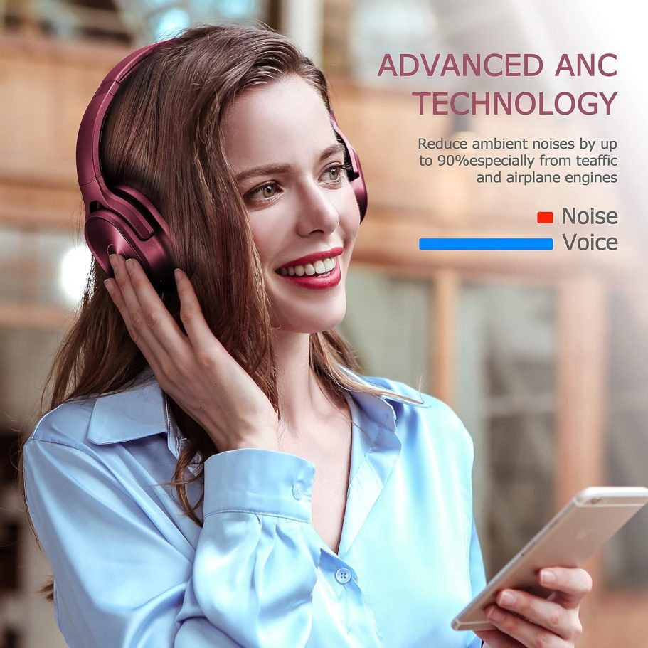 ZIHNIC Active Noise Cancelling Headphones, 40H Playtime Wireless Bluetooth Headset with Deep Bass Hi-Fi Stereo Sound,Comfortable Earpads for Travel/Home/Office (Red) - Image 4