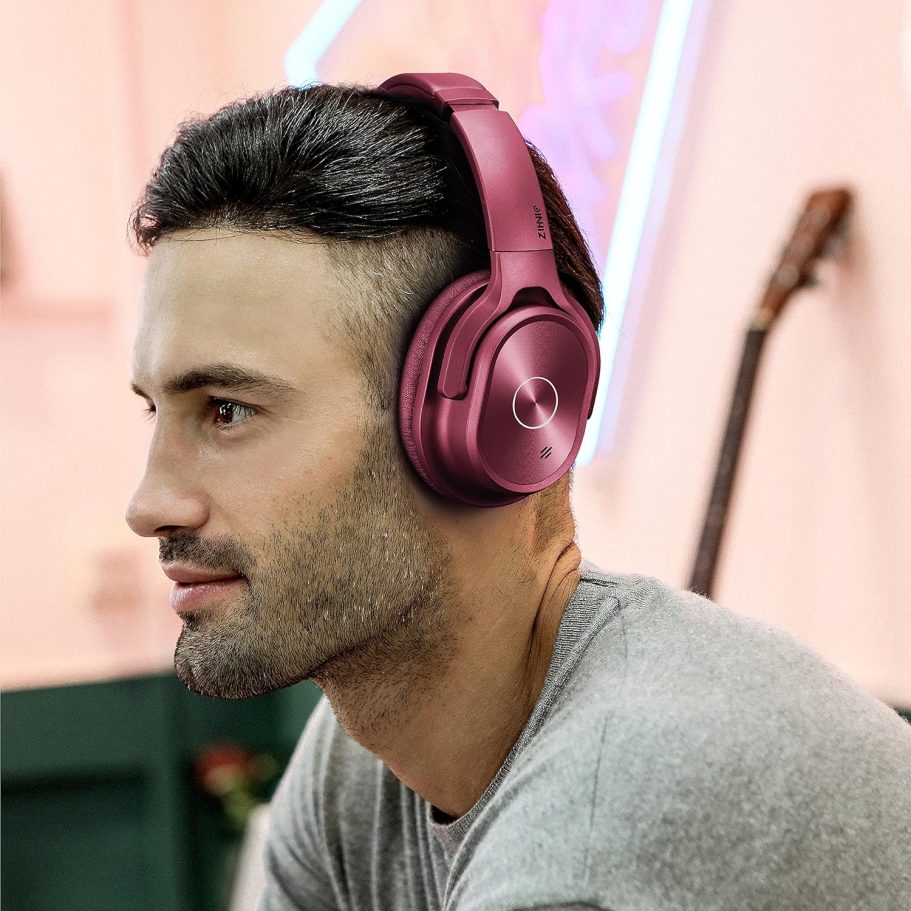 ZIHNIC Active Noise Cancelling Headphones, 40H Playtime Wireless Bluetooth Headset with Deep Bass Hi-Fi Stereo Sound,Comfortable Earpads for Travel/Home/Office (Red) - Image 5